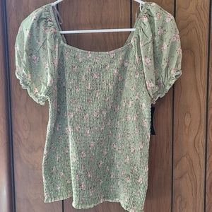 Sz XL - Art Class - Green w/ Pink Floral Design Blouse - NWOT